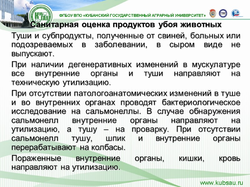 Санитарная оценка продуктов убоя животных Туши и субпродукты, полученные от свиней, больных или подозреваемых